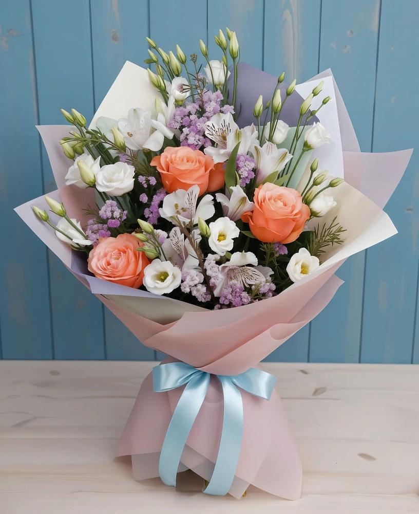 Букет цветов из: Лизиантусы, Розы, Альстромерии и Гипсофила в Гулькевичах