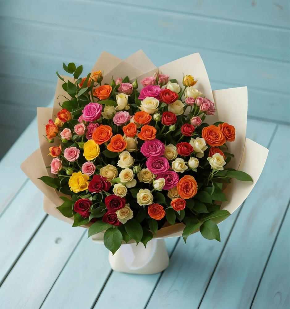 Букет Микс из разноцветных кустовых роз в Гулькевичах