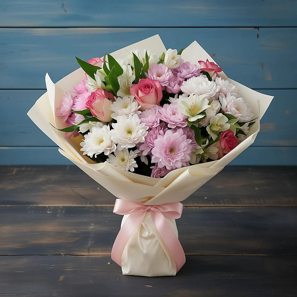 Букет цветов из: Хризантемы, Альстромерии и Розы в Гулькевичах